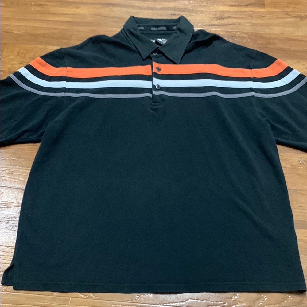 Harley Davidson Men's Black Polo Shirt with Orange & Gray Stripes